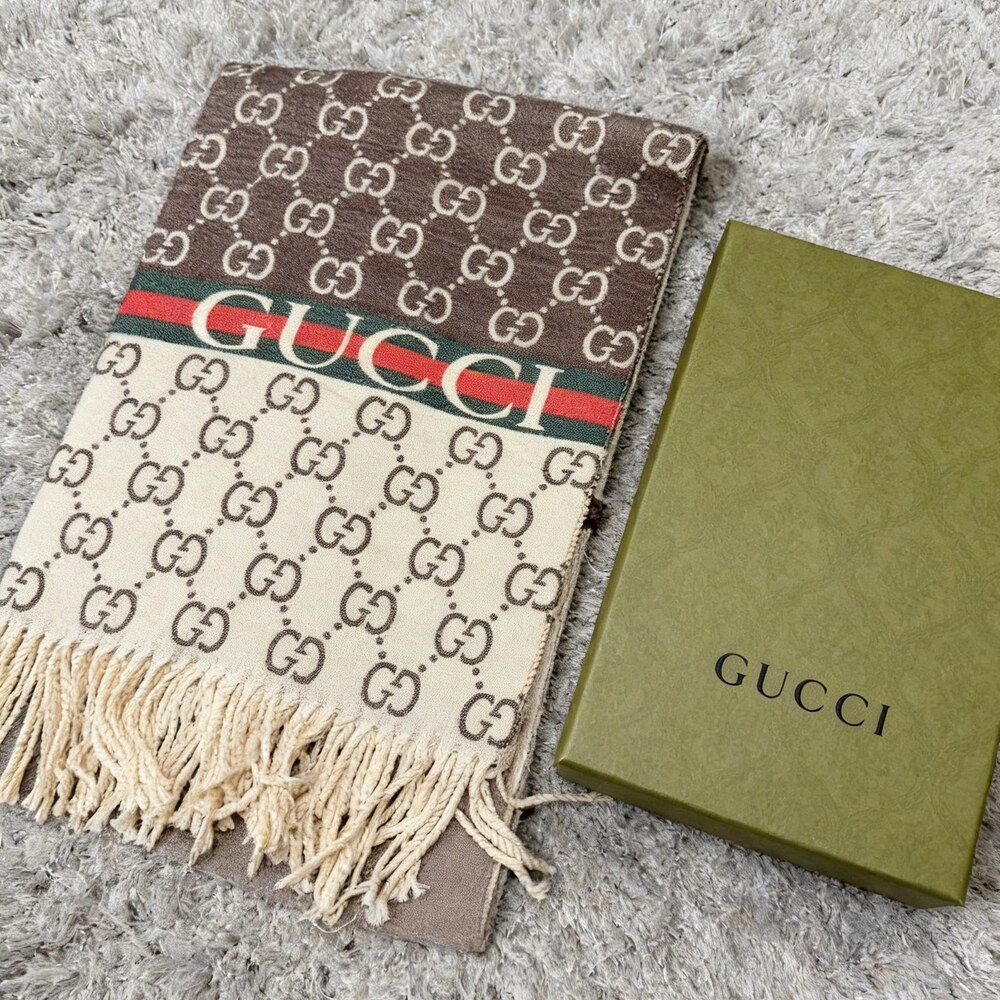 Gucci Brown Cream GG Color Block Stripe Scarf